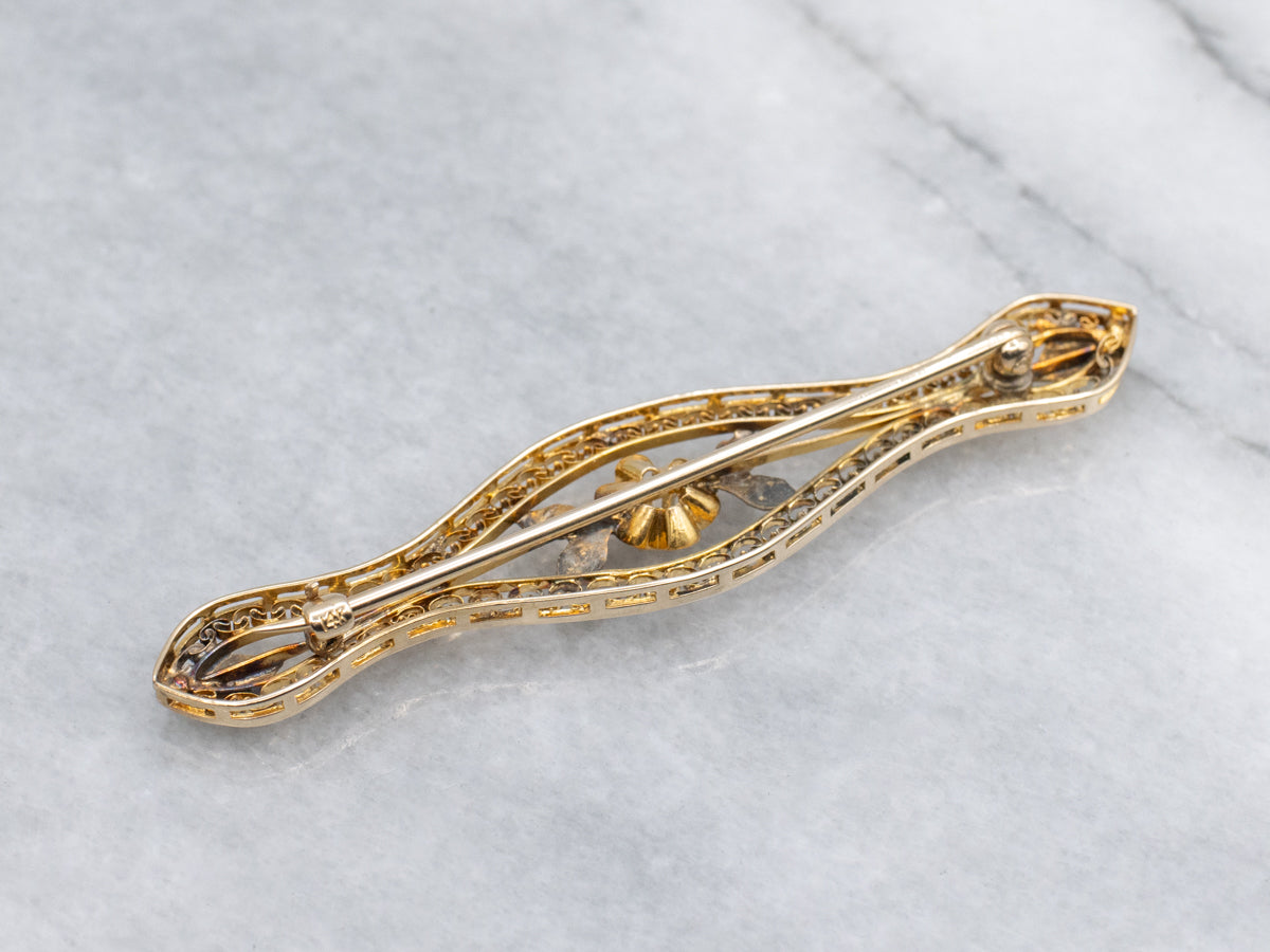 Old Mine Cut Diamond Floral Filigree Bar Pin