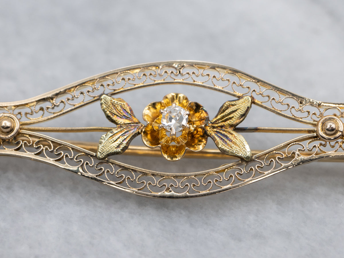 Old Mine Cut Diamond Floral Filigree Bar Pin
