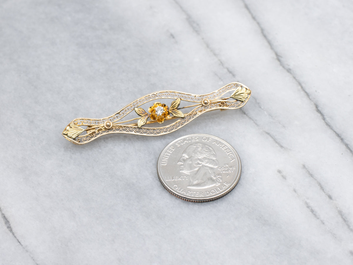 Old Mine Cut Diamond Floral Filigree Bar Pin