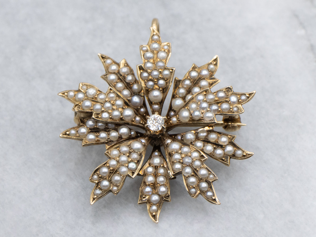 Victorian Old Mine Cut Diamond and Seed Pearl Blossom Pin or Pendant