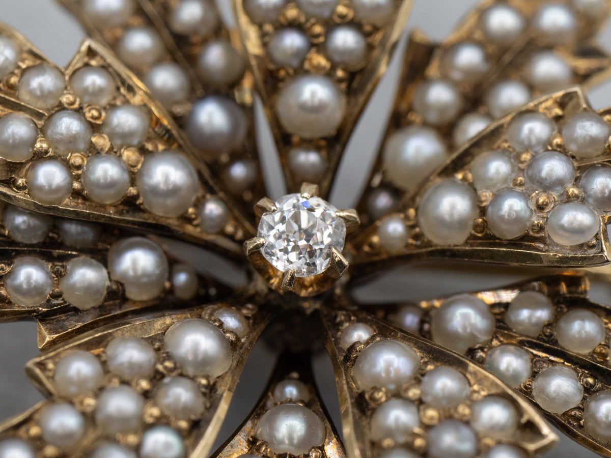 Victorian Old Mine Cut Diamond and Seed Pearl Blossom Pin or Pendant