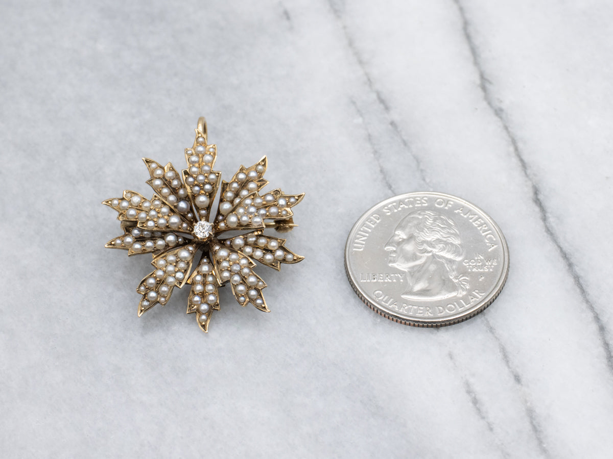 Victorian Old Mine Cut Diamond and Seed Pearl Blossom Pin or Pendant
