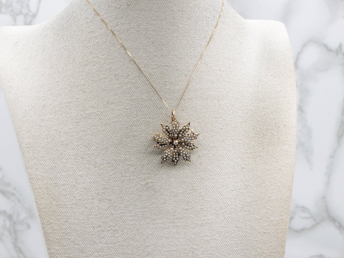 Victorian Old Mine Cut Diamond and Seed Pearl Blossom Pin or Pendant
