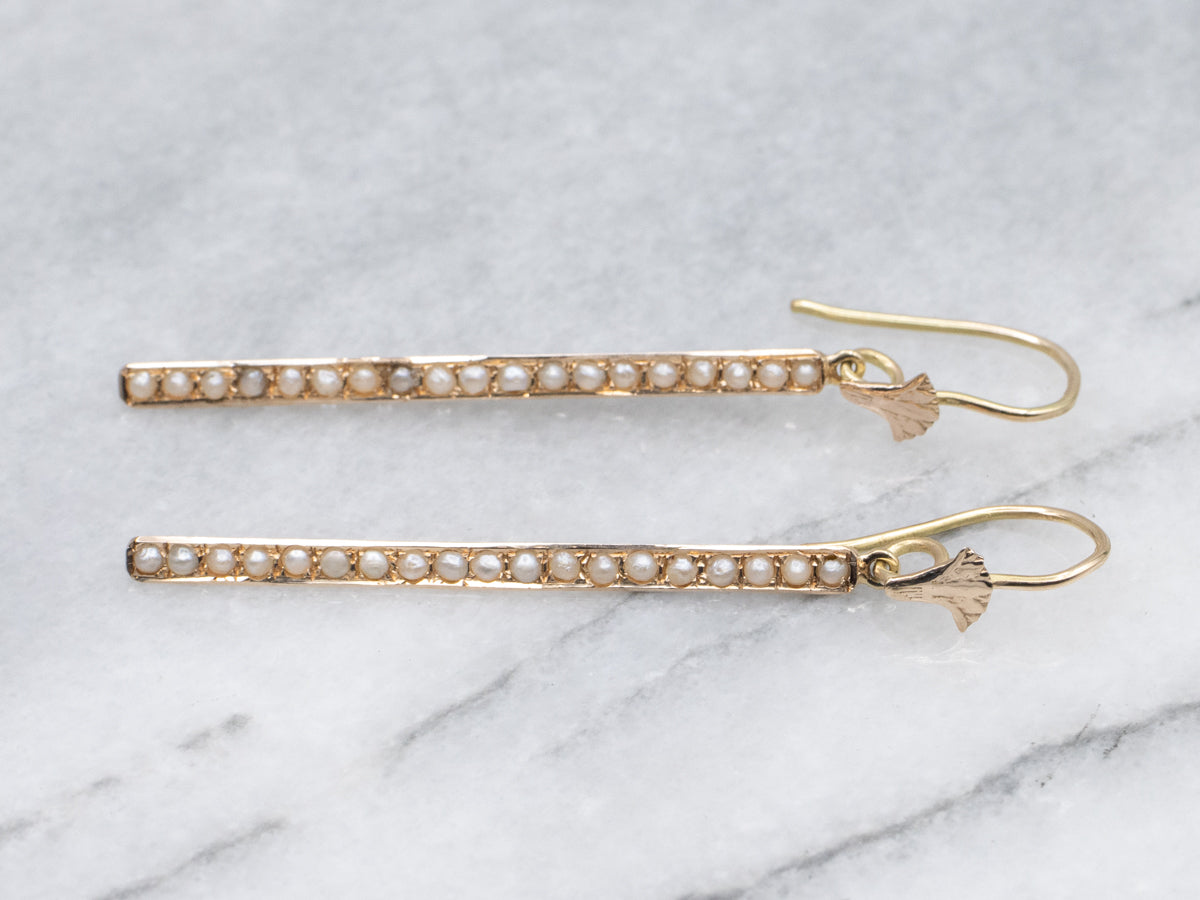 Two-Tone Gold Antique Seed Pearl Bar-Pin Conversion Drop Earrings