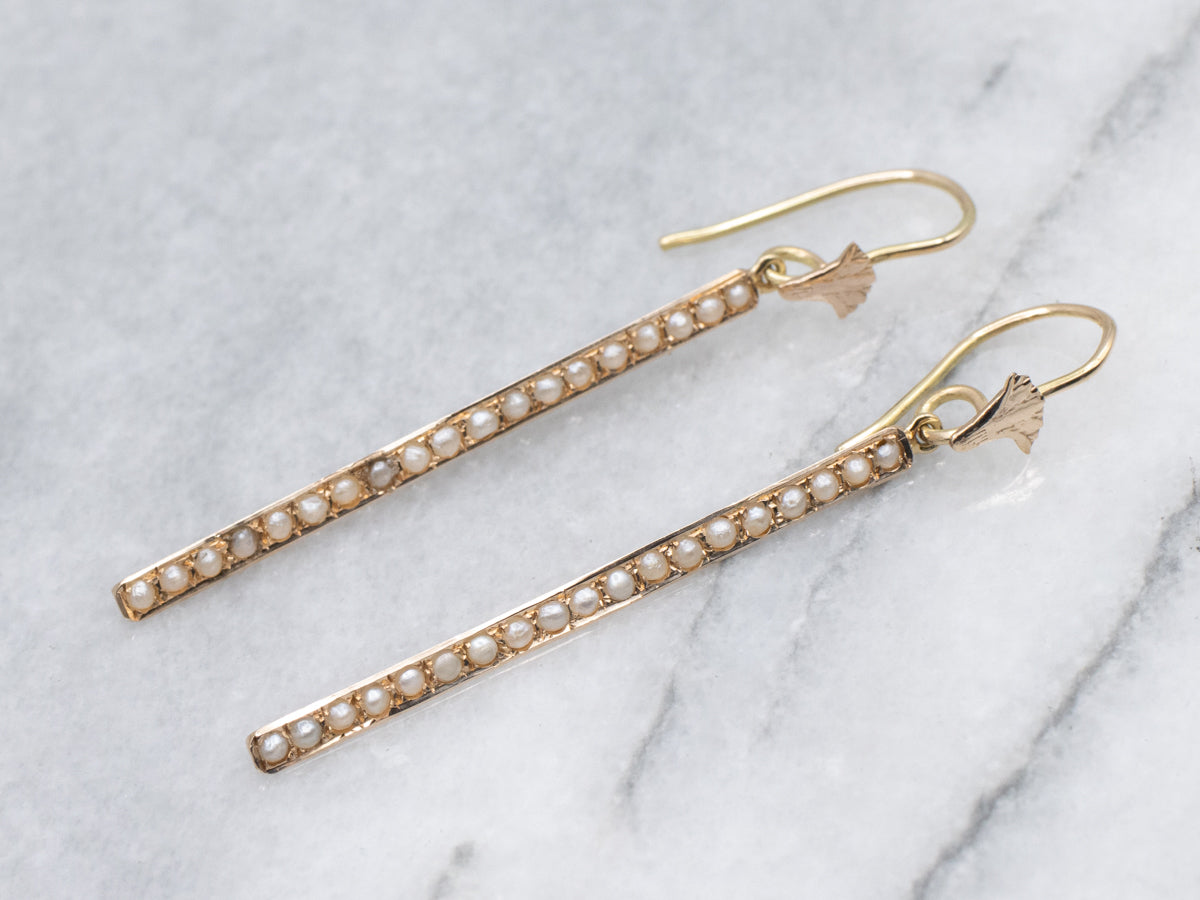 Two-Tone Gold Antique Seed Pearl Bar-Pin Conversion Drop Earrings