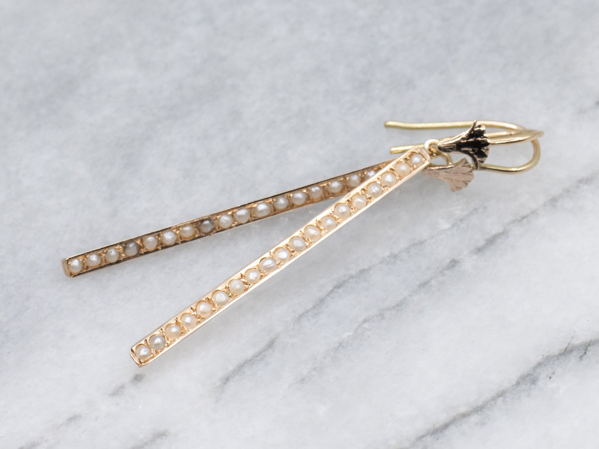 Two-Tone Gold Antique Seed Pearl Bar-Pin Conversion Drop Earrings