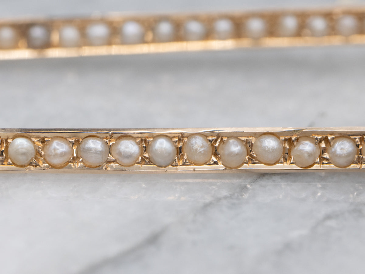 Two-Tone Gold Antique Seed Pearl Bar-Pin Conversion Drop Earrings