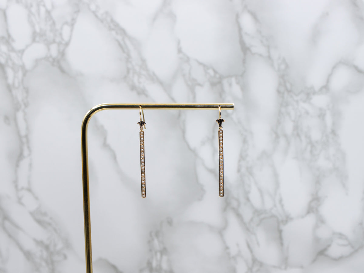 Two-Tone Gold Antique Seed Pearl Bar-Pin Conversion Drop Earrings