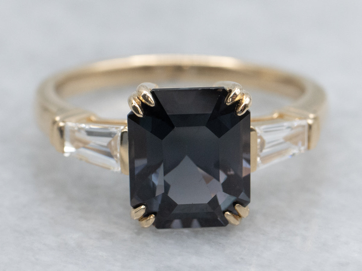 Deep Blue Spinel and Baguette-Cut Diamond Ring
