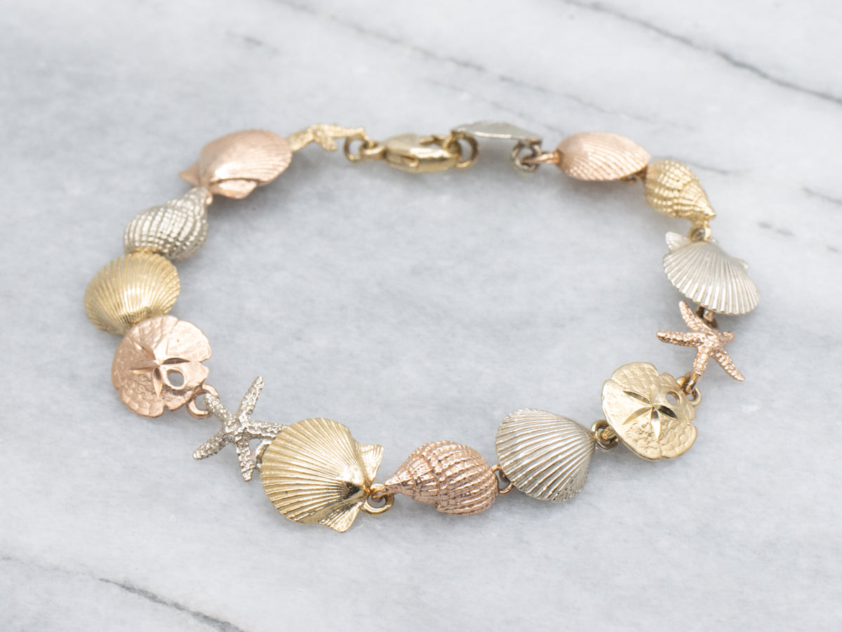 Tri-Color Gold Detailed Sea Shell Link Bracelet