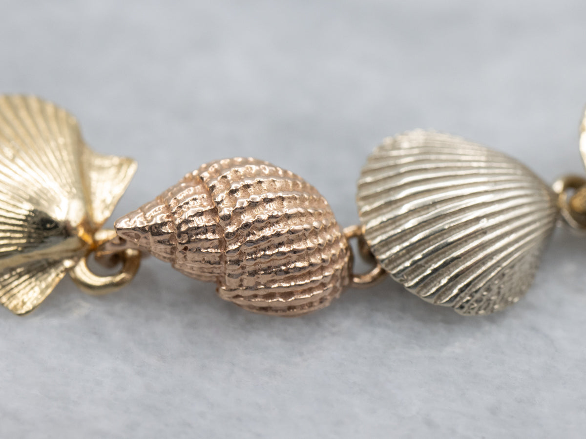 Tri-Color Gold Detailed Sea Shell Link Bracelet