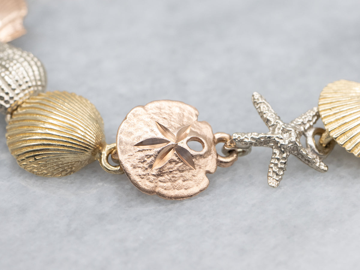 Tri-Color Gold Detailed Sea Shell Link Bracelet