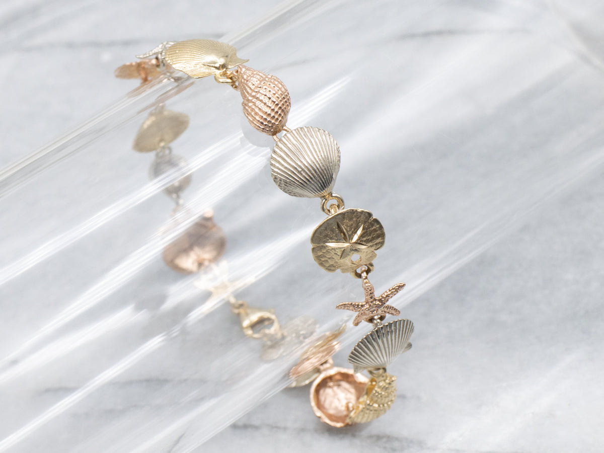 Tri-Color Gold Detailed Sea Shell Link Bracelet