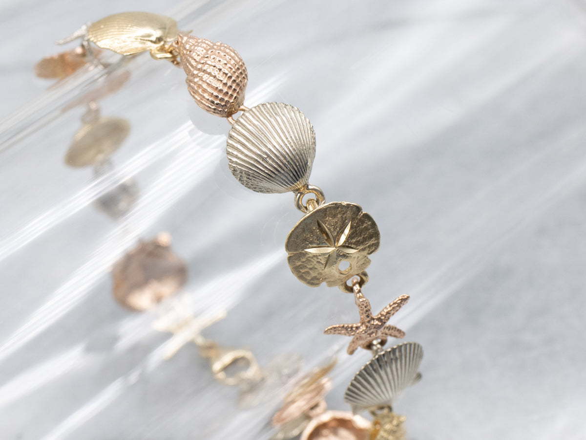 Tri-Color Gold Detailed Sea Shell Link Bracelet
