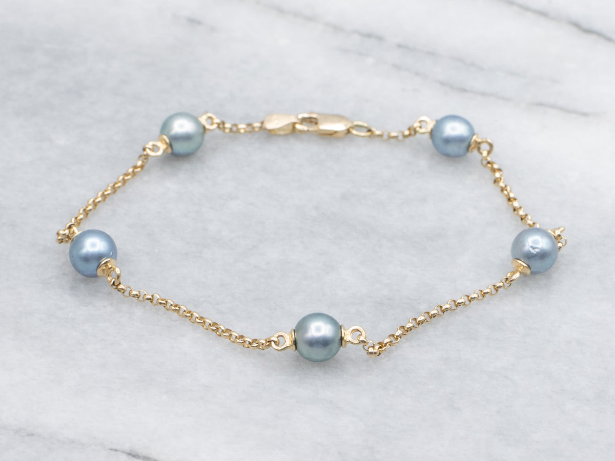 Blue-Grey Pearl Station-Link Bracelet