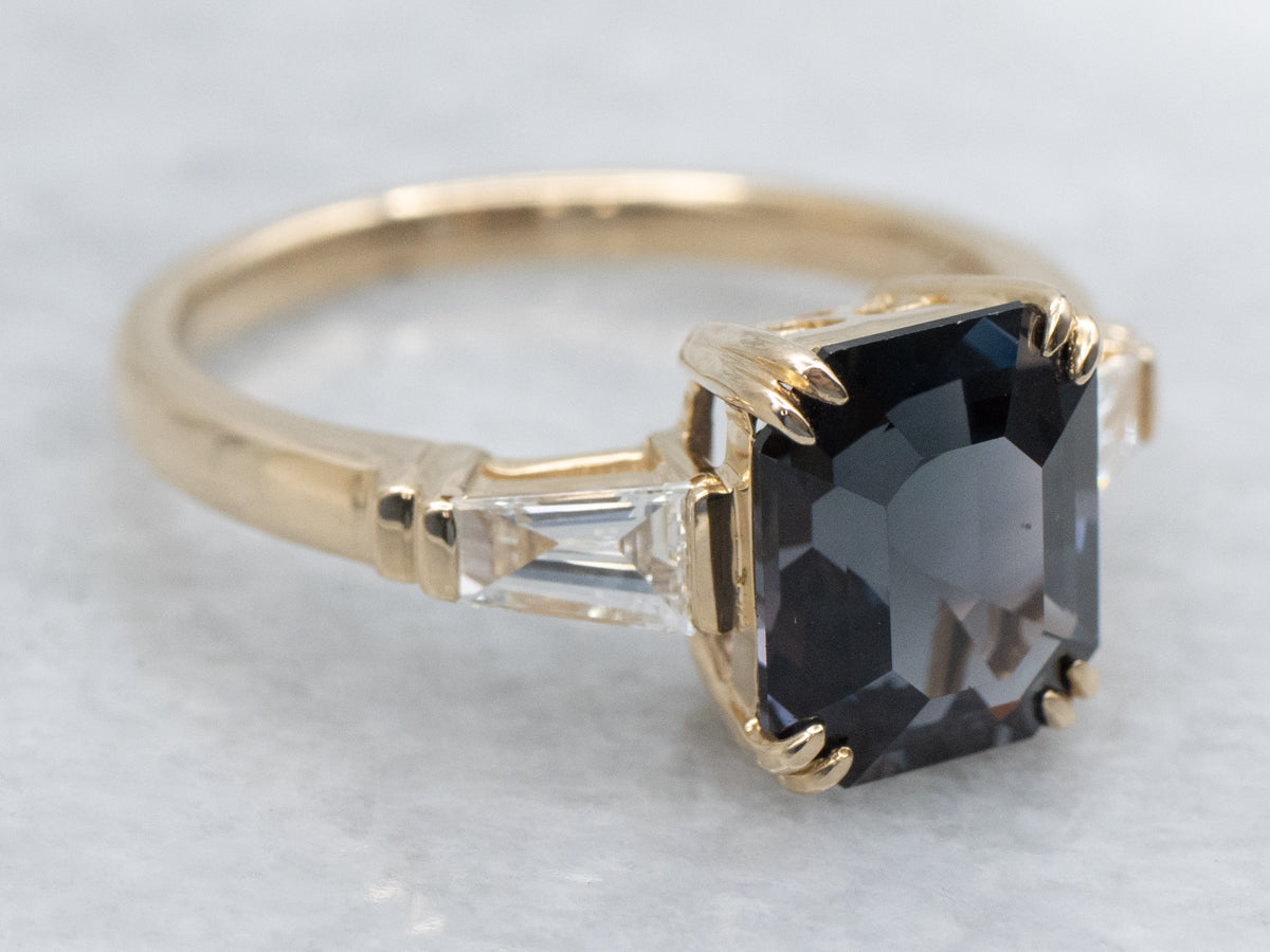 Deep Blue Spinel and Baguette-Cut Diamond Ring