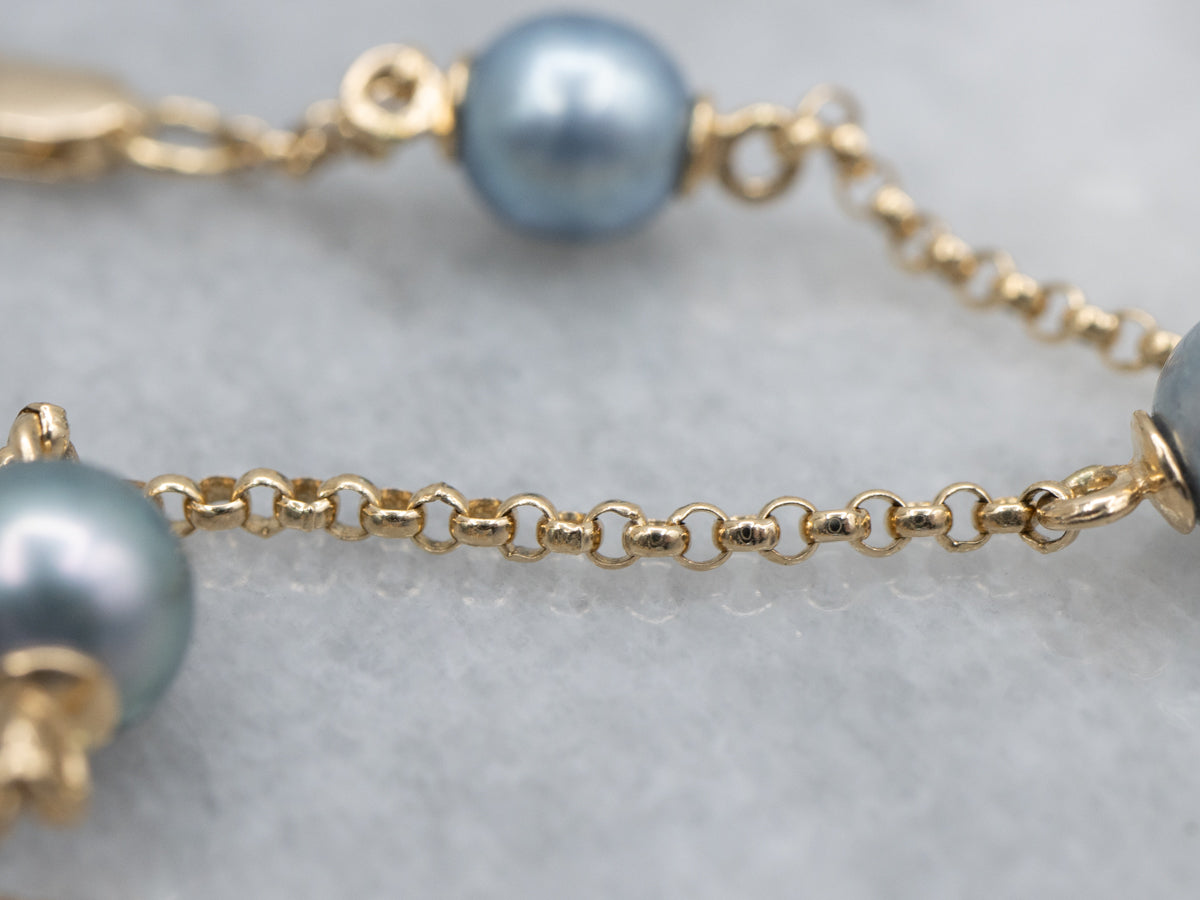 Blue-Grey Pearl Station-Link Bracelet