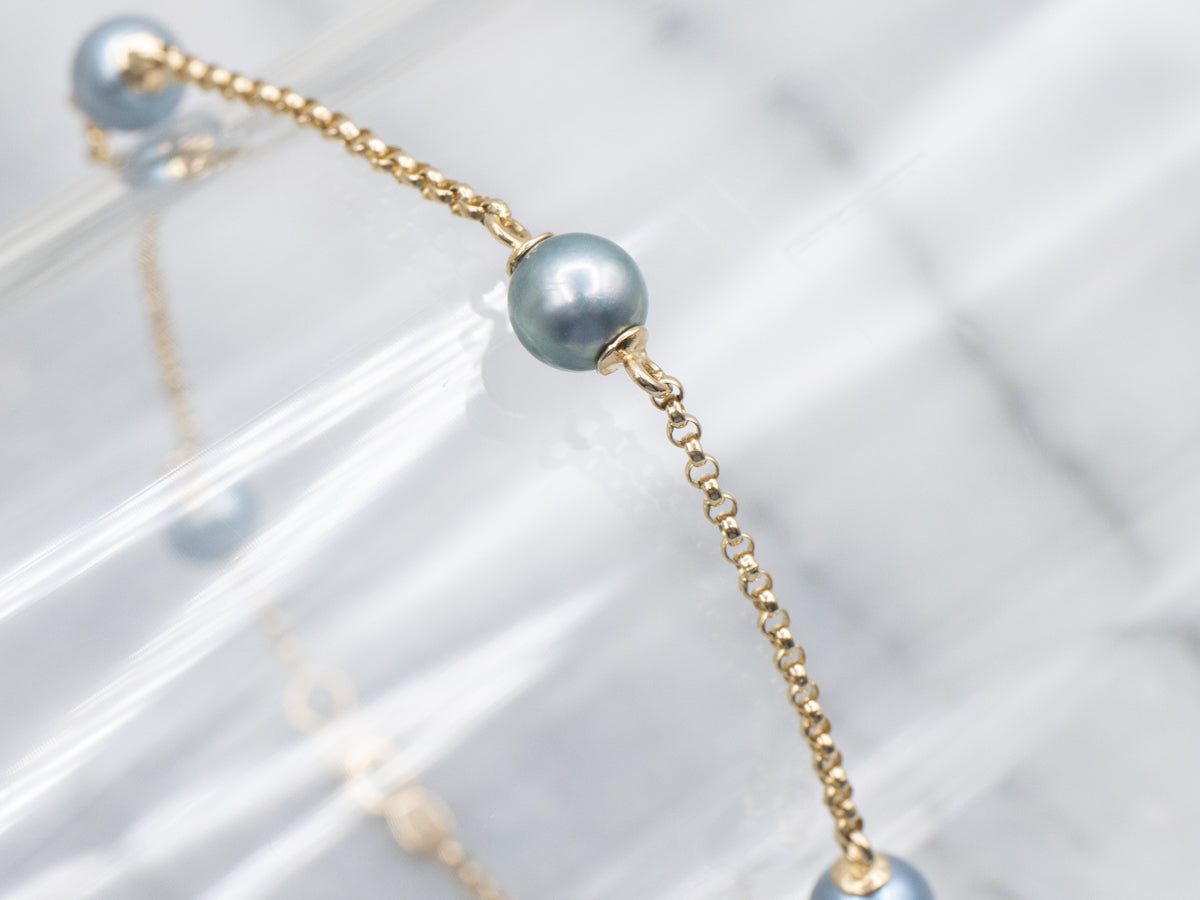 Blue-Grey Pearl Station-Link Bracelet