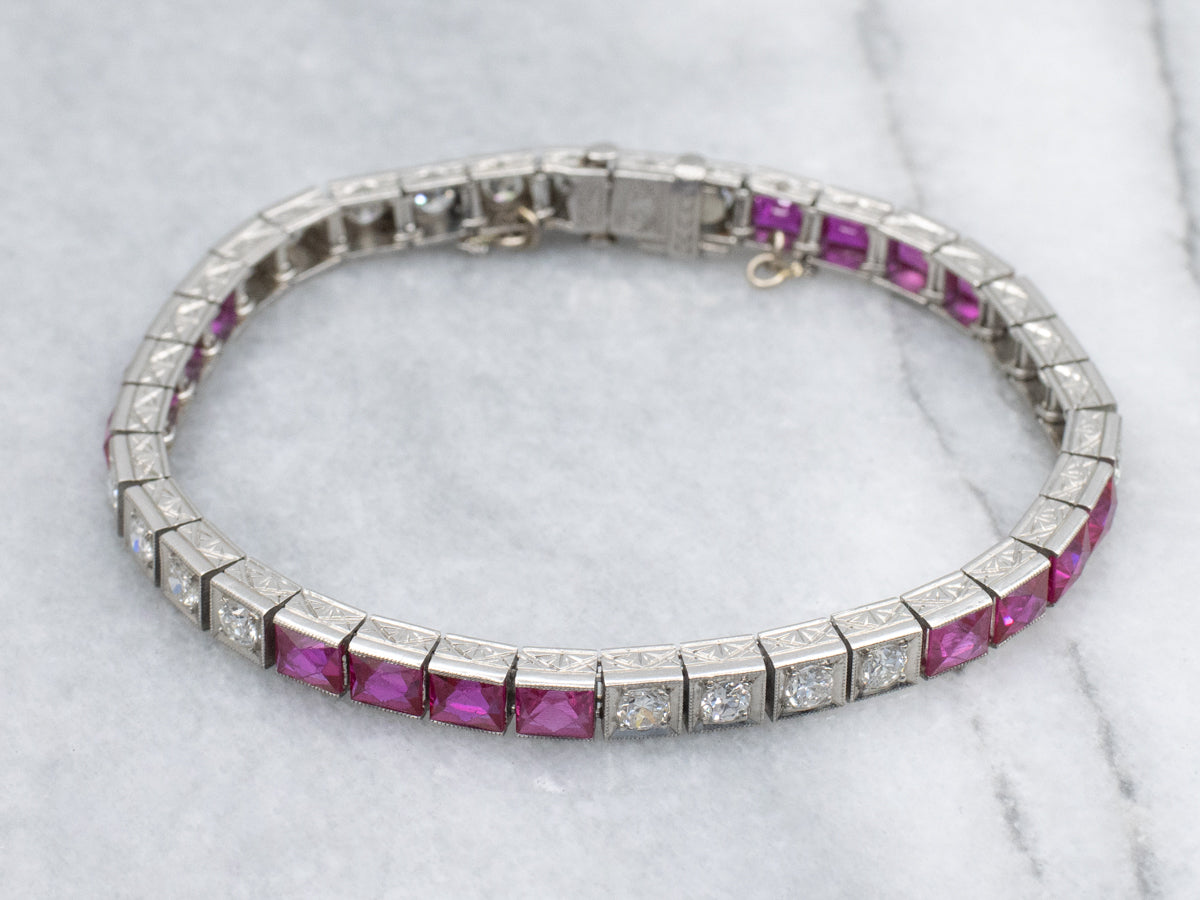 Antique 1920s Old Mine and Old European Cut Tennis Bracelet with Synthetic Rubies