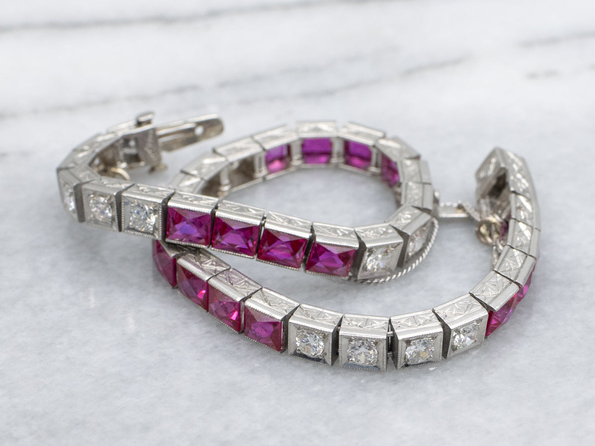 Antique 1920s Old Mine and Old European Cut Tennis Bracelet with Synthetic Rubies