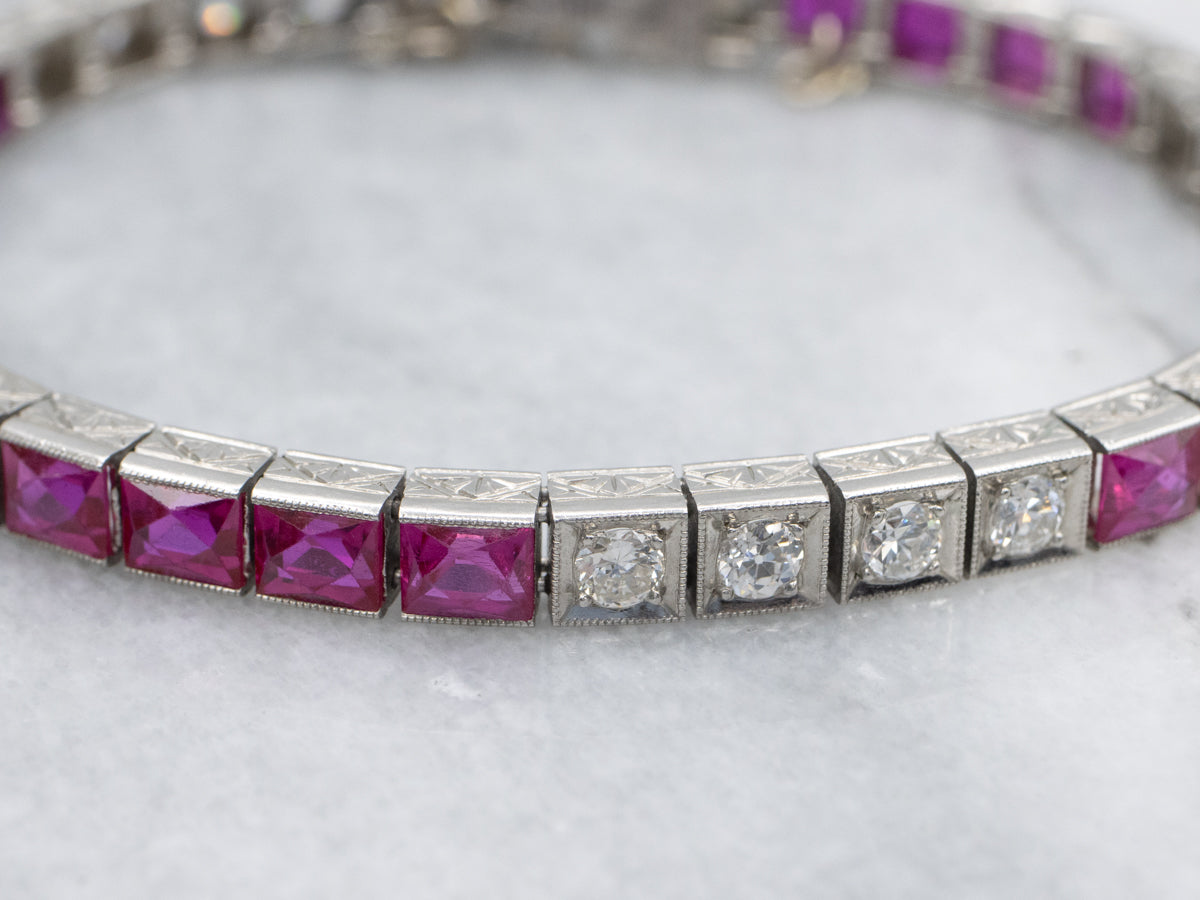 Antique 1920s Old Mine and Old European Cut Tennis Bracelet with Synthetic Rubies