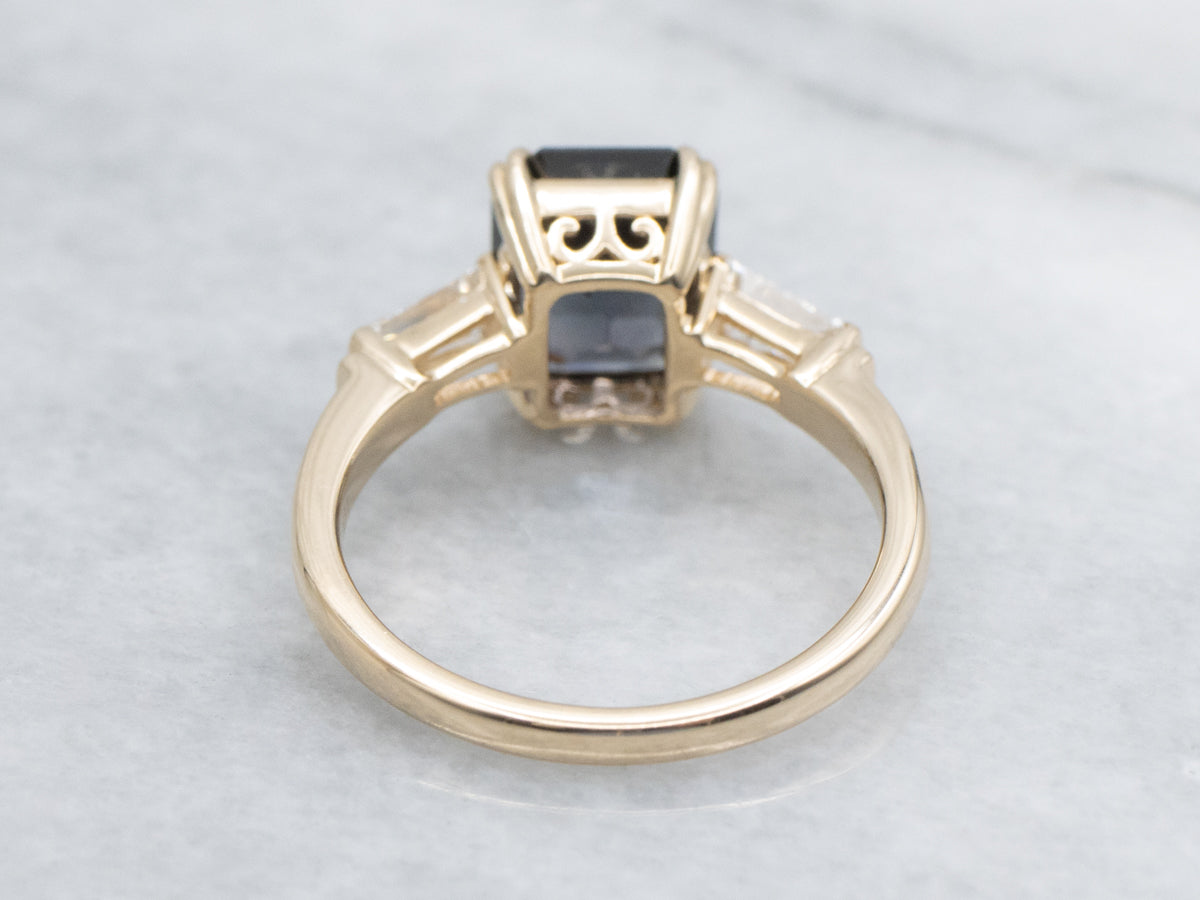 Deep Blue Spinel and Baguette-Cut Diamond Ring
