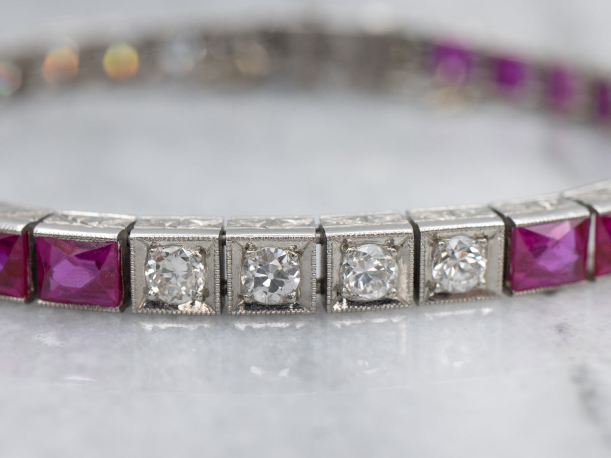 Antique 1920s Old Mine and Old European Cut Tennis Bracelet with Synthetic Rubies