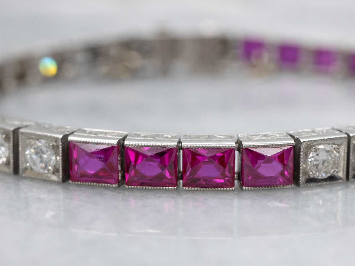 Antique 1920s Old Mine and Old European Cut Tennis Bracelet with Synthetic Rubies