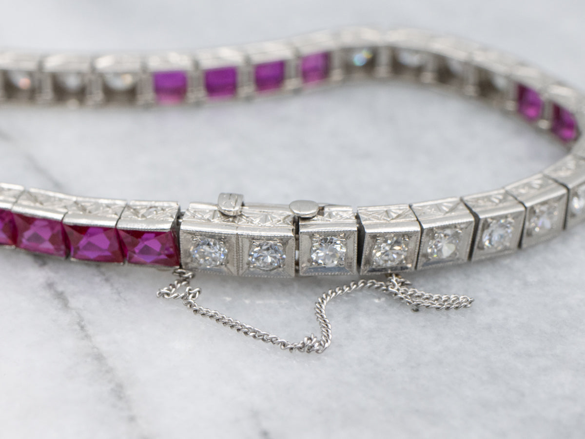 Antique 1920s Old Mine and Old European Cut Tennis Bracelet with Synthetic Rubies