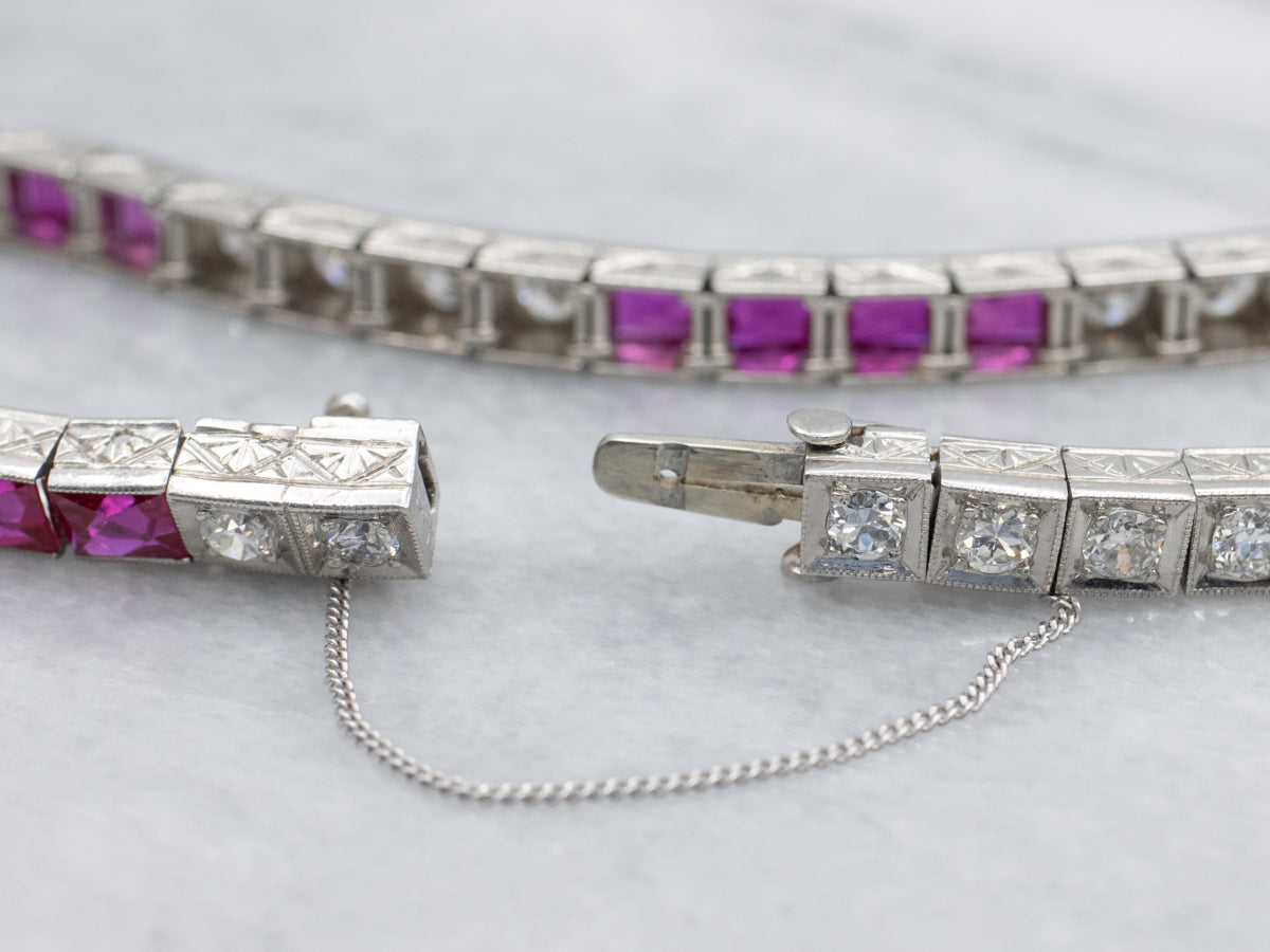 Antique 1920s Old Mine and Old European Cut Tennis Bracelet with Synthetic Rubies