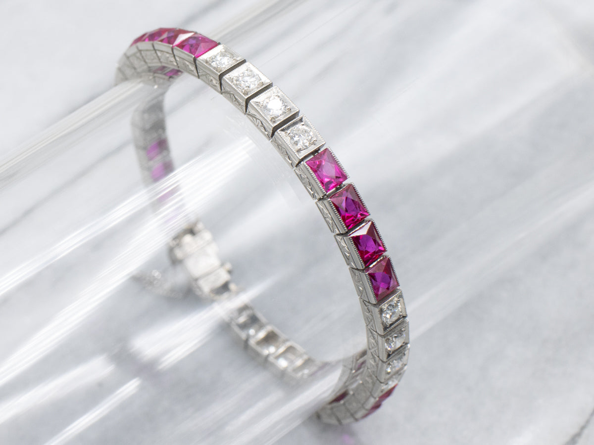 Antique 1920s Old Mine and Old European Cut Tennis Bracelet with Synthetic Rubies