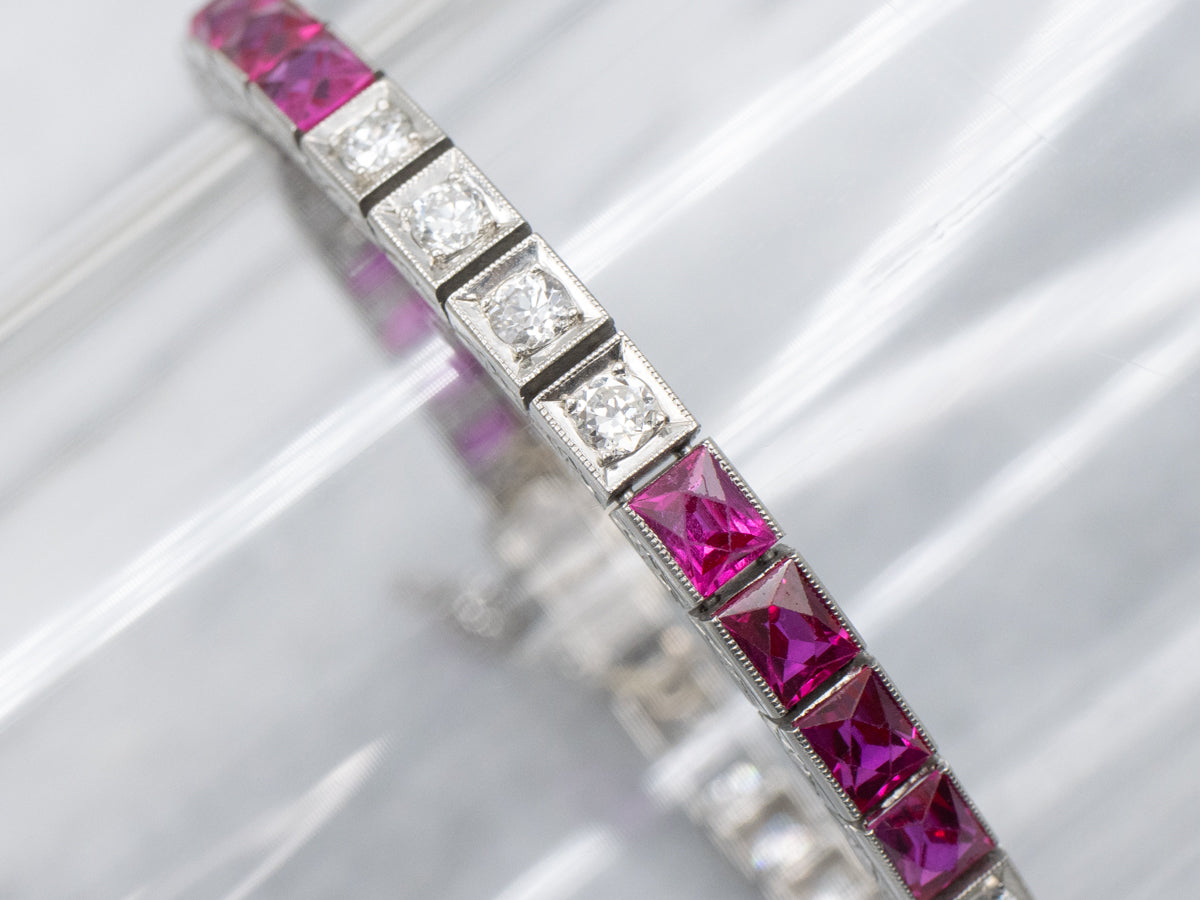 Antique 1920s Old Mine and Old European Cut Tennis Bracelet with Synthetic Rubies
