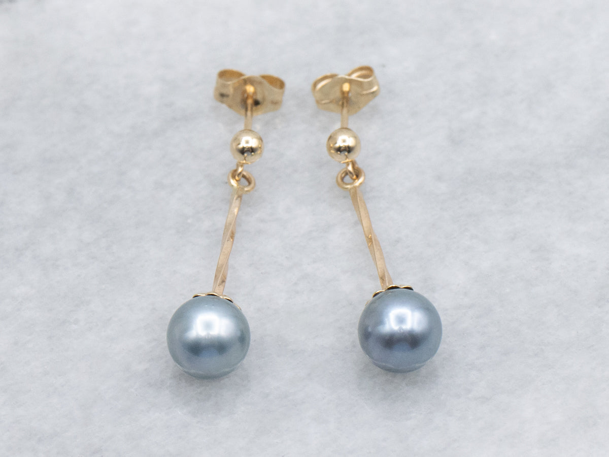 Grey Pearl and Twisted Bar Yellow Gold Drop Earrings