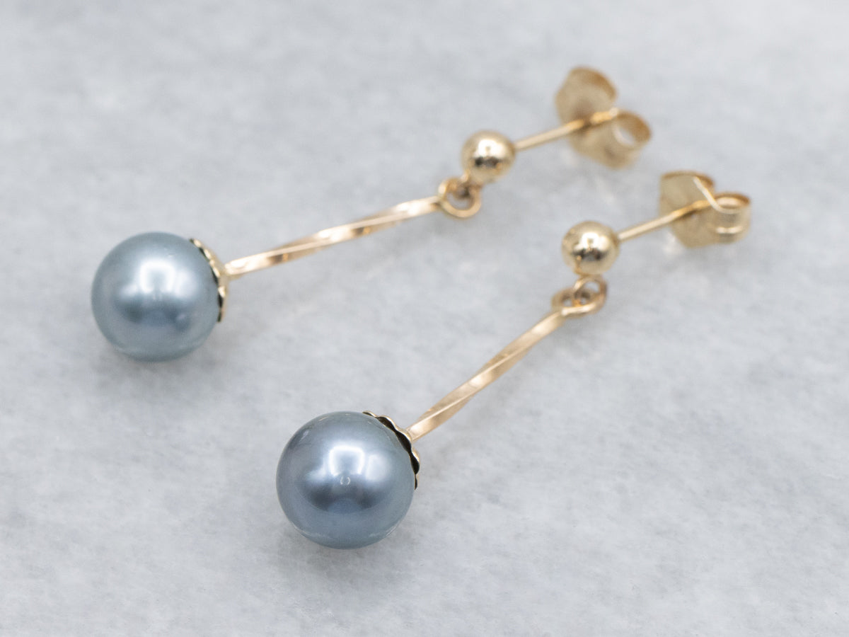 Grey Pearl and Twisted Bar Yellow Gold Drop Earrings
