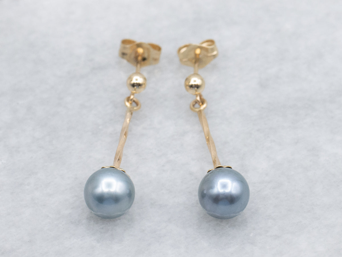 Grey Pearl and Twisted Bar Yellow Gold Drop Earrings