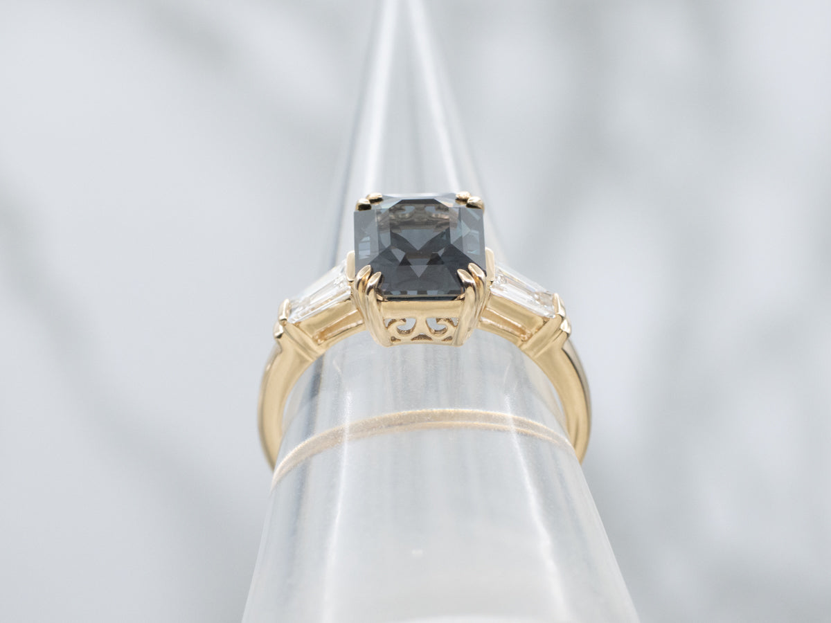 Deep Blue Spinel and Baguette-Cut Diamond Ring