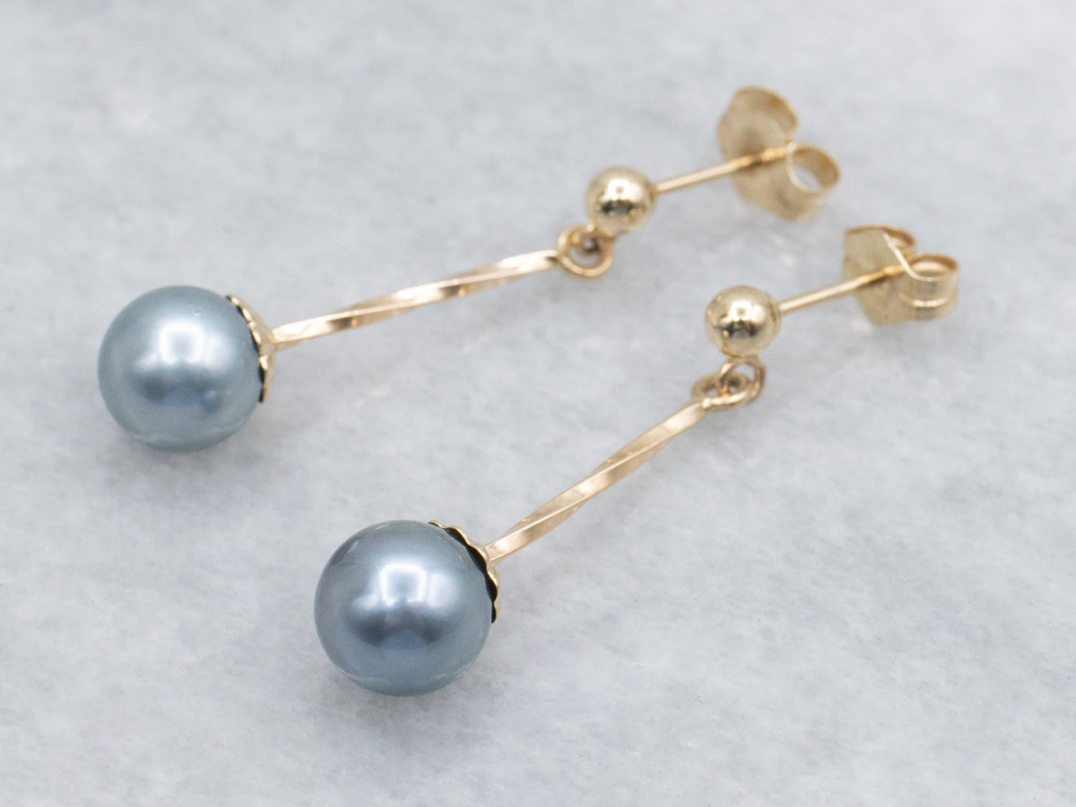 Grey Pearl and Twisted Bar Yellow Gold Drop Earrings