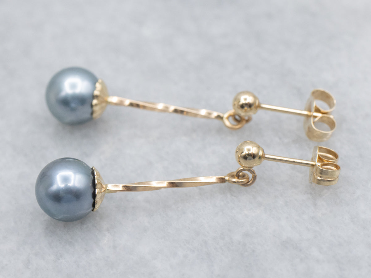 Grey Pearl and Twisted Bar Yellow Gold Drop Earrings