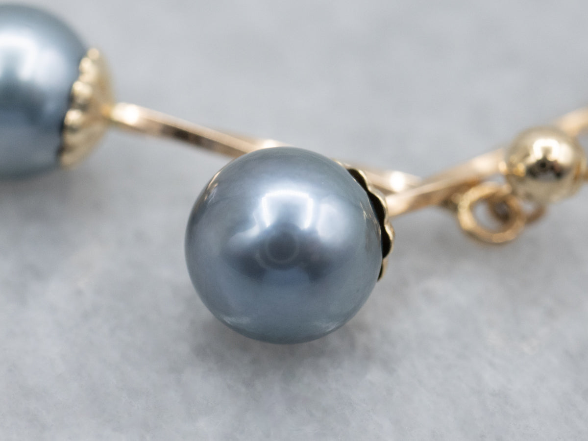 Grey Pearl and Twisted Bar Yellow Gold Drop Earrings
