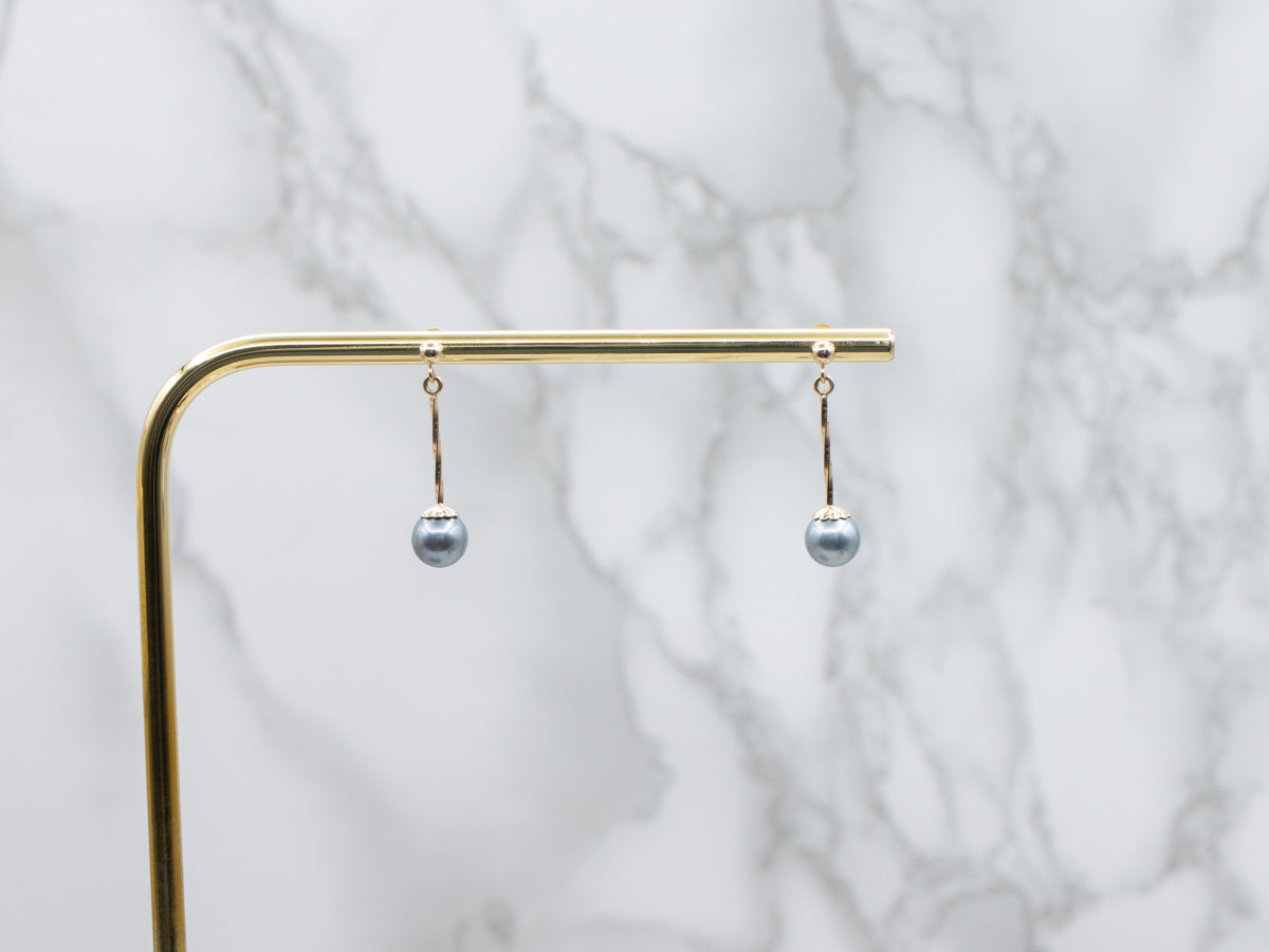 Grey Pearl and Twisted Bar Yellow Gold Drop Earrings