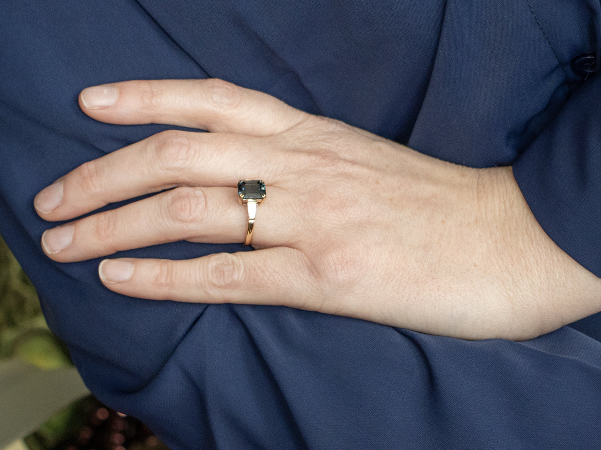Deep Blue Spinel and Baguette-Cut Diamond Ring