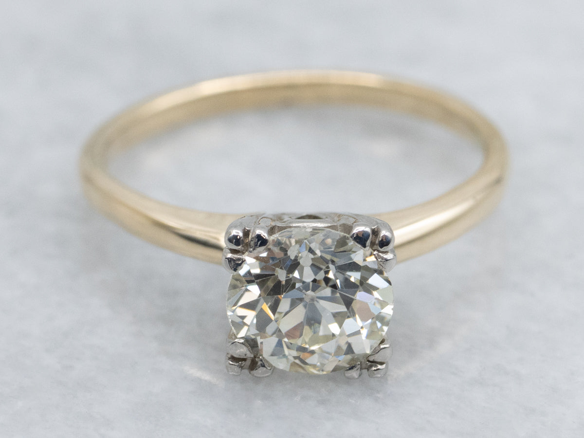 Old Mine Cut Diamond Two-Tone Gold Solitaire Engagement Ring