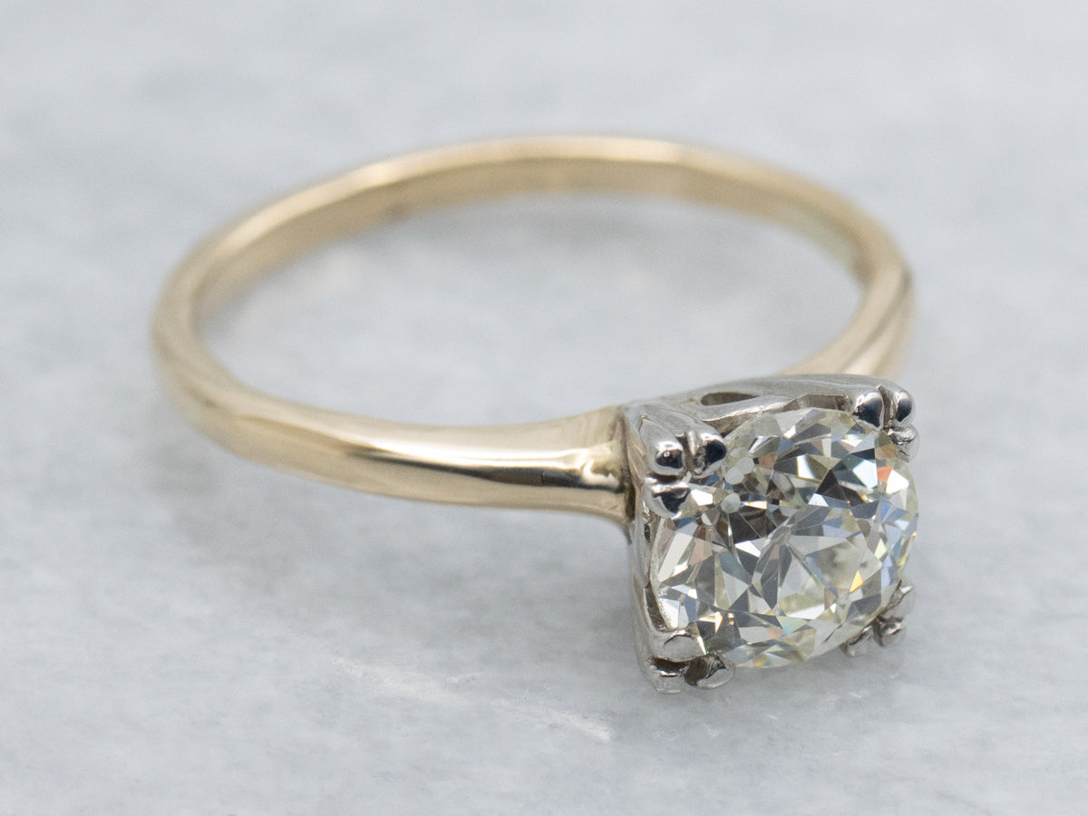 Old Mine Cut Diamond Two-Tone Gold Solitaire Engagement Ring