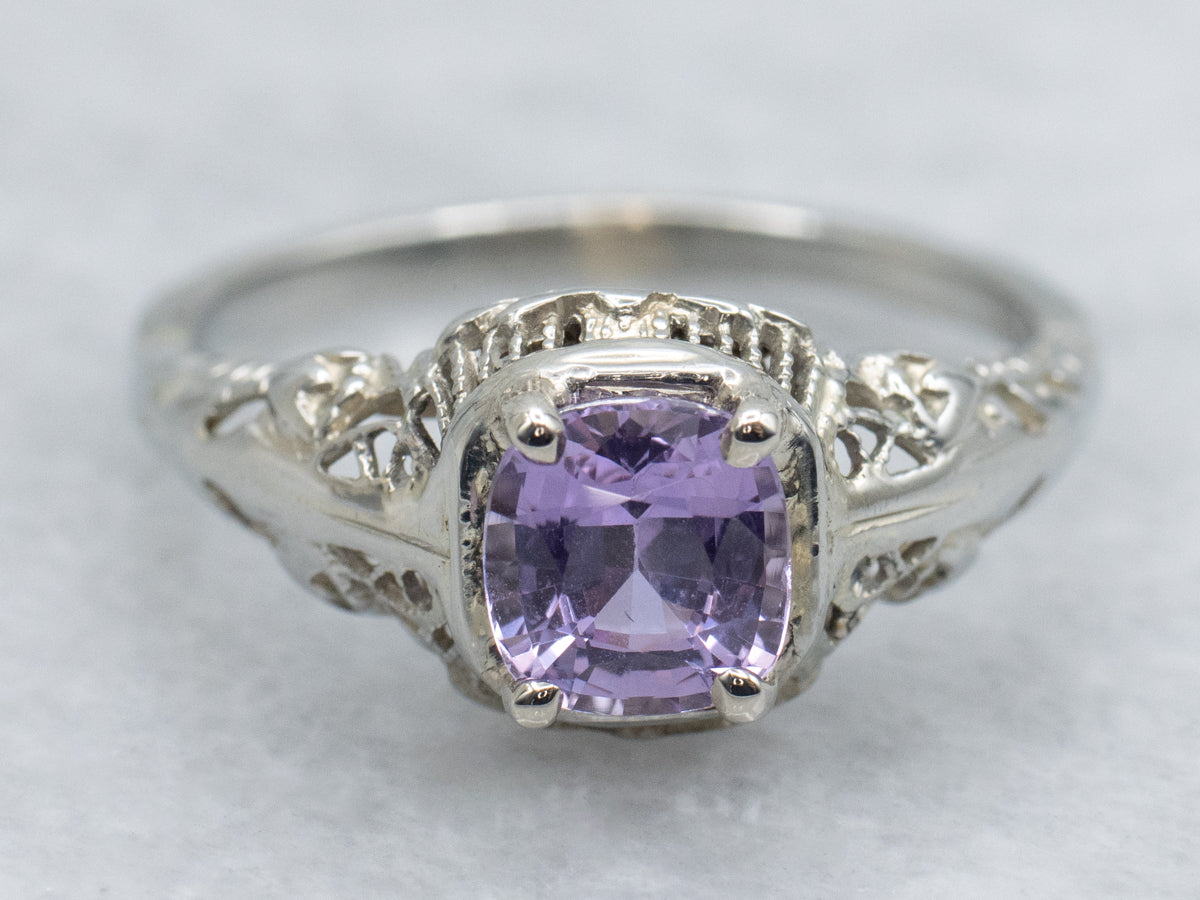 Pink Sapphire Art Deco Filigree White Gold Solitaire Ring