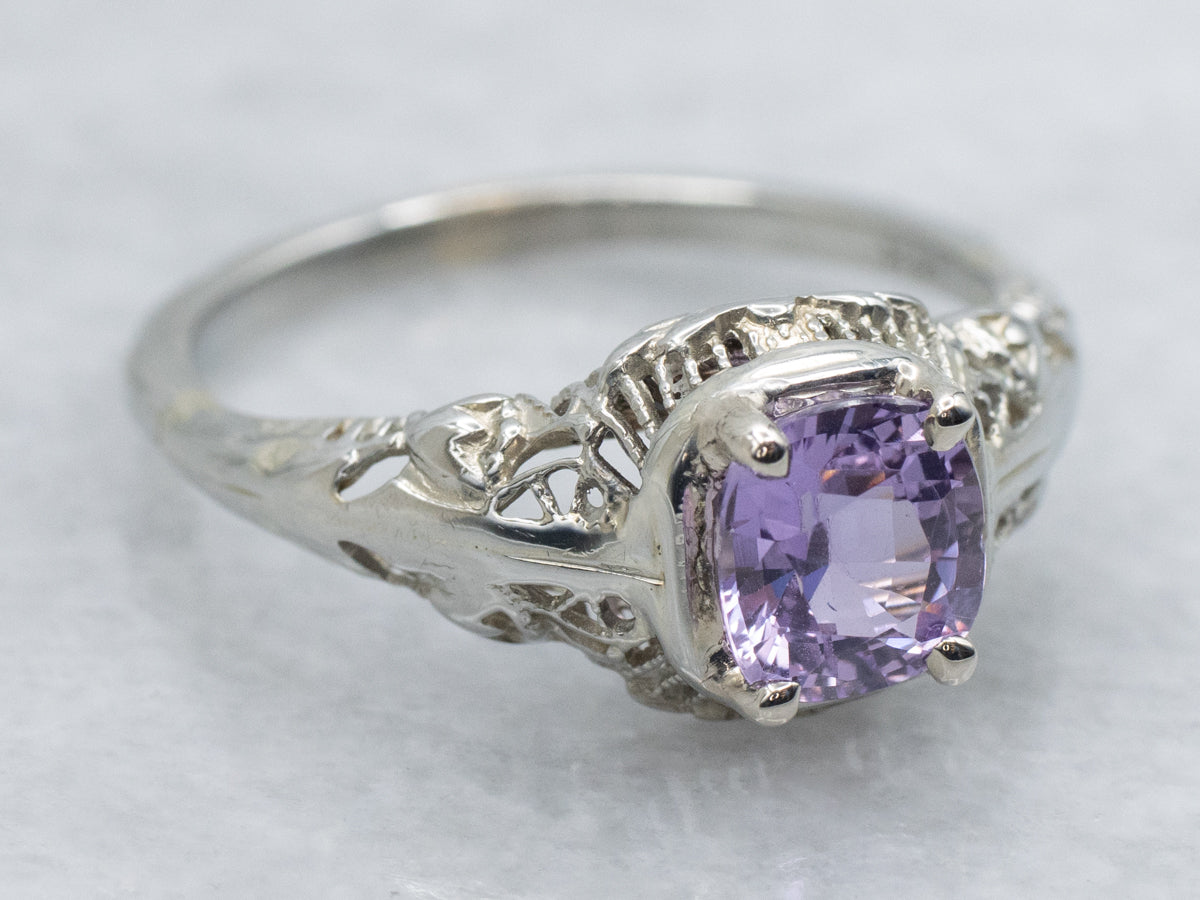 Pink Sapphire Art Deco Filigree White Gold Solitaire Ring