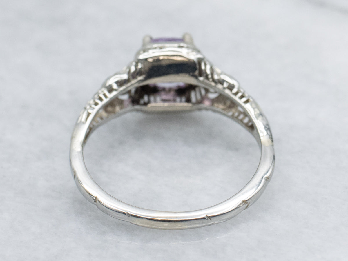 Pink Sapphire Art Deco Filigree White Gold Solitaire Ring