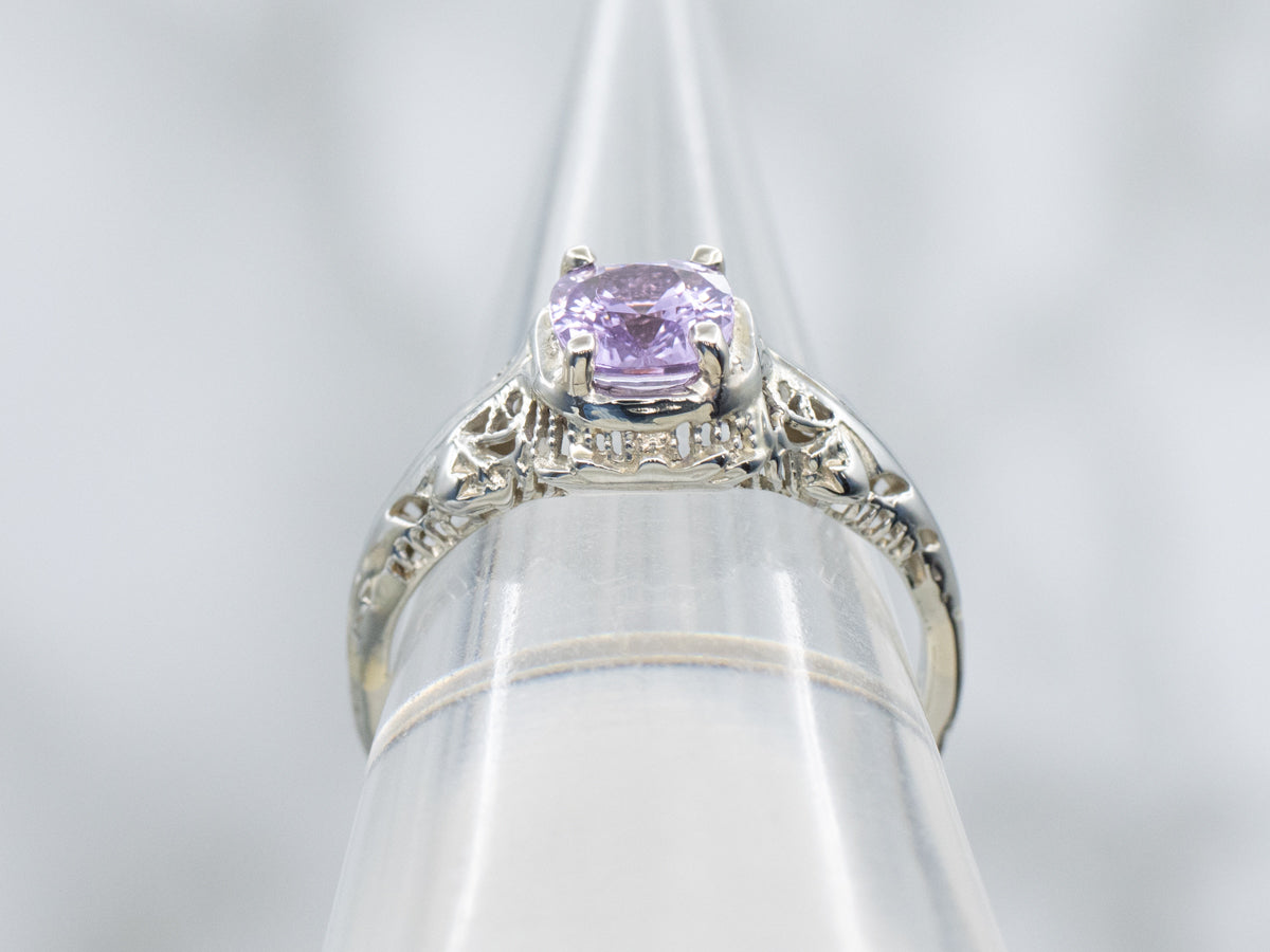 Pink Sapphire Art Deco Filigree White Gold Solitaire Ring