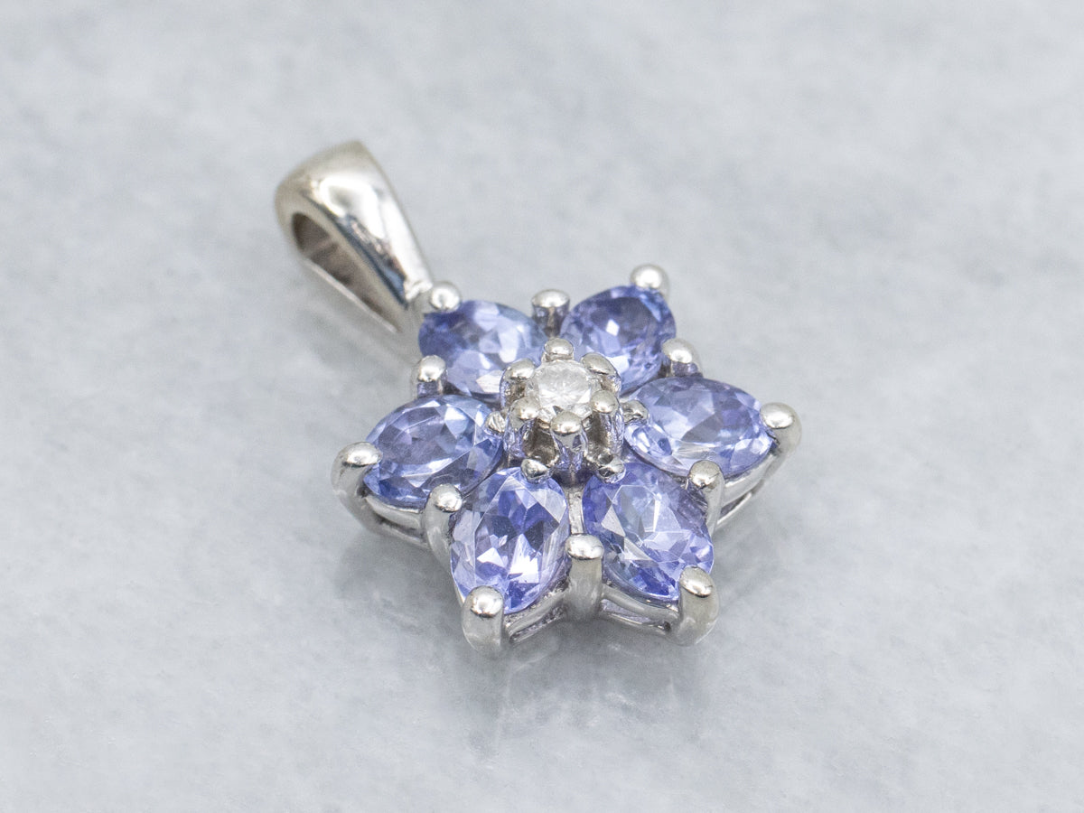 Sweet Tanzanite and Diamond White Gold Flower Pendant