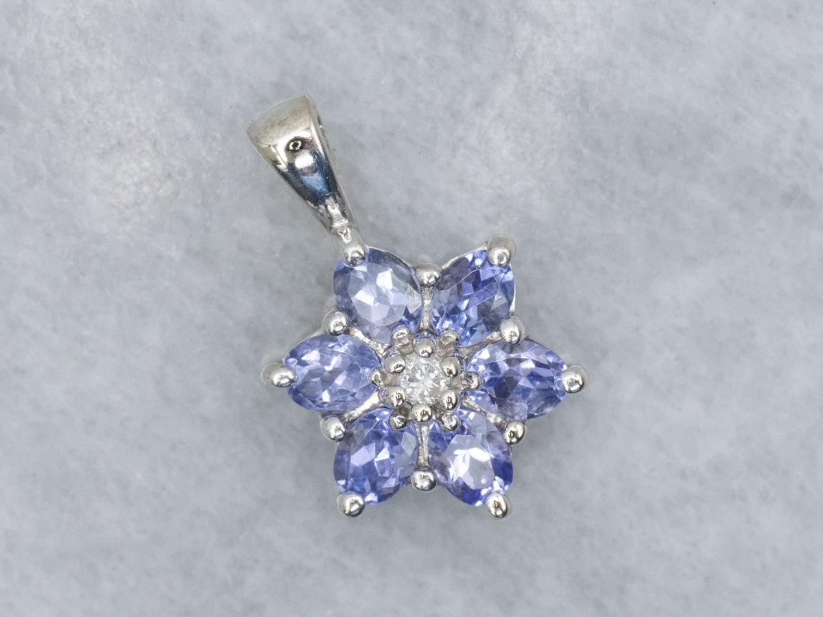 Sweet Tanzanite and Diamond White Gold Flower Pendant
