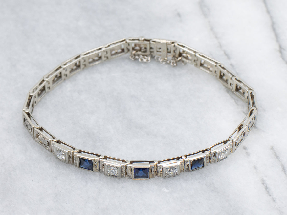 Old Mine Cut Diamond and Synthetic Sapphire Art Deco Era Bracelet